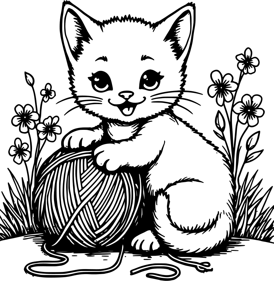 Kitten with a ball of wool — free printable animal & safari coloring page