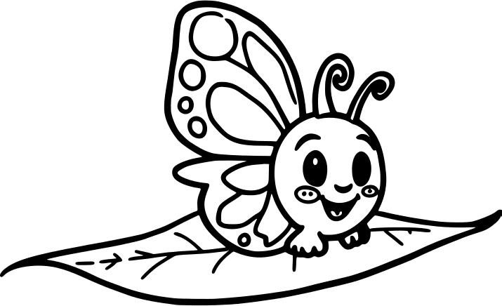 Smiling cartoon butterfly on a leaf — free printable butterfly coloring page