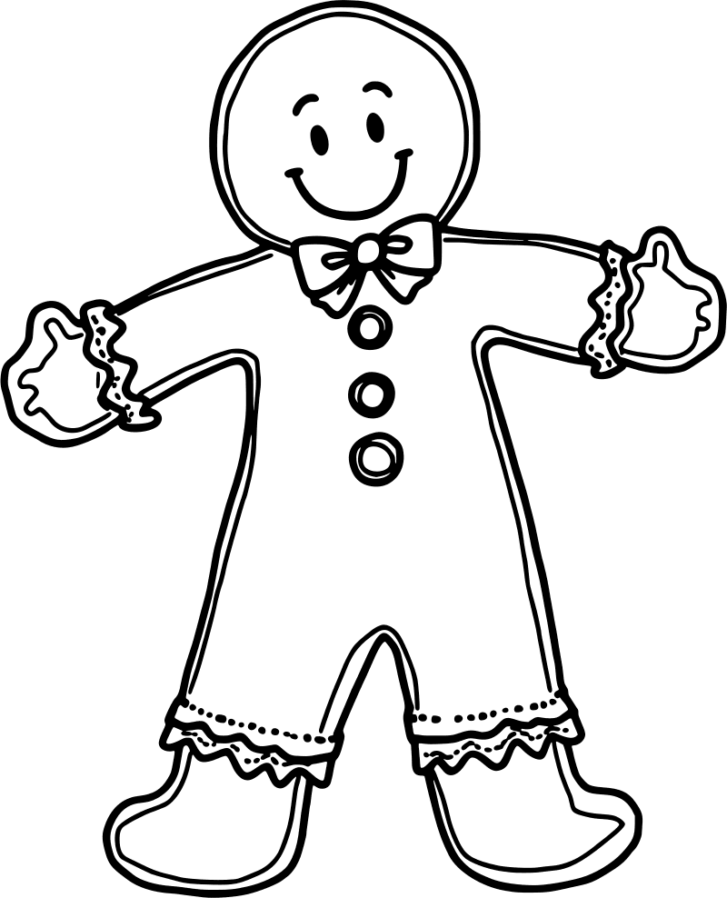 Gingerbread man with a bow tie and icing buttons — free printable christmas coloring page