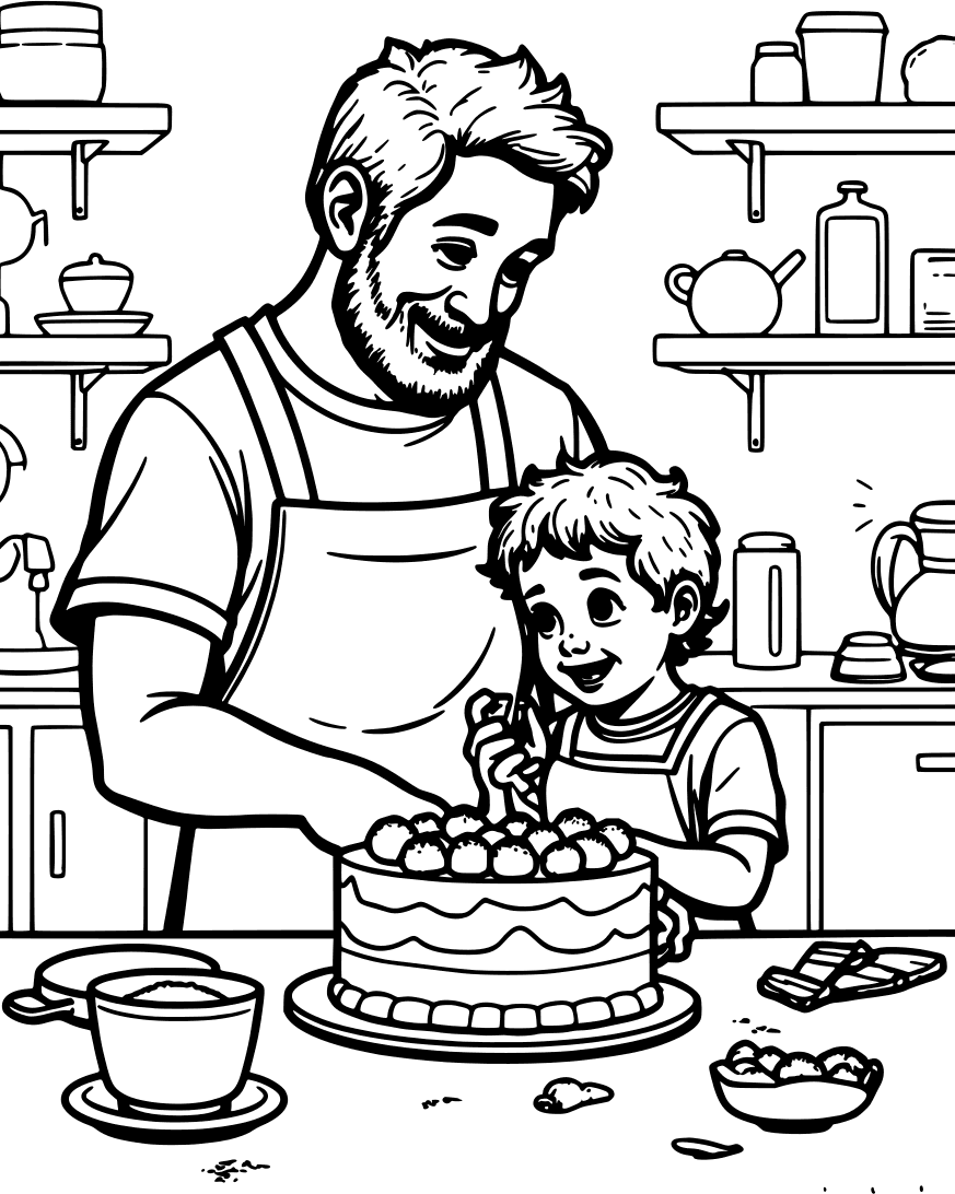 Dad and child decorating a cake — free printable father's day coloring page