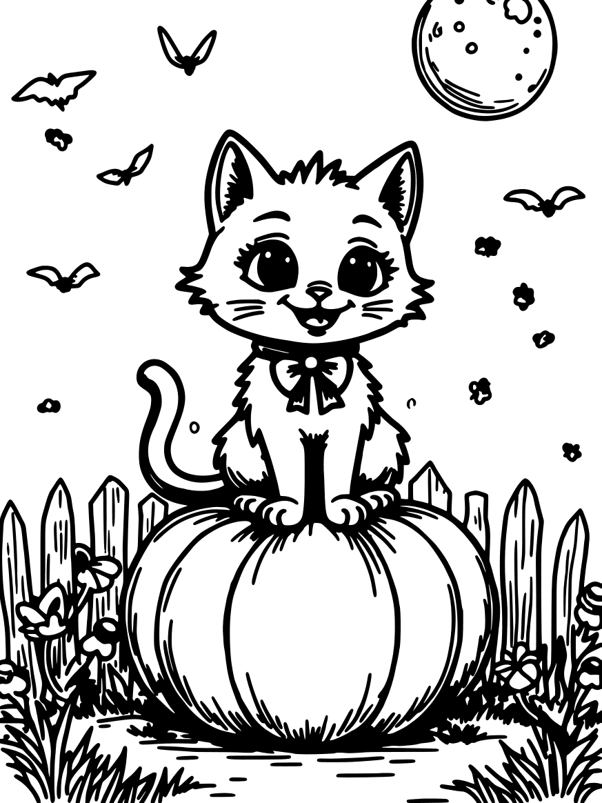 Black cat sitting on a big pumpkin, bats and a full moon — free printable halloween coloring page