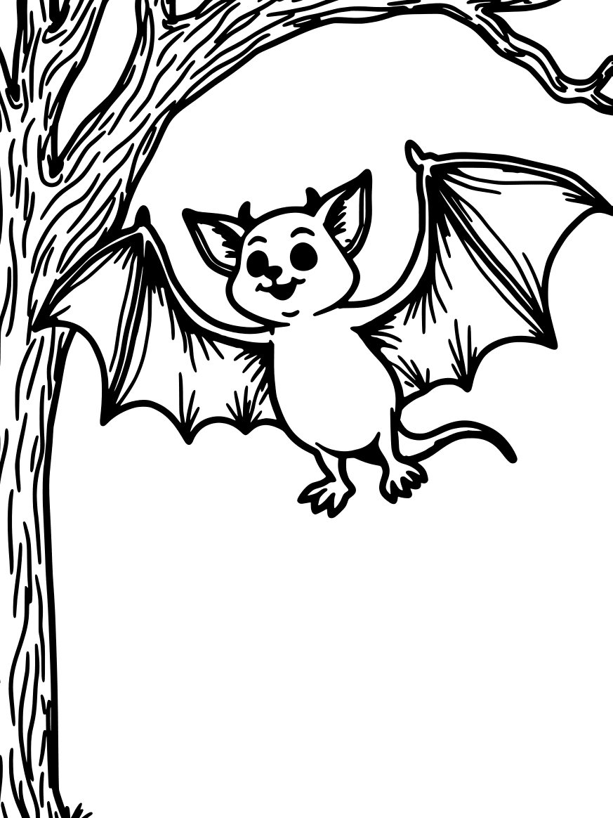 Smiling bat hanging from a tree branch — free printable halloween coloring page
