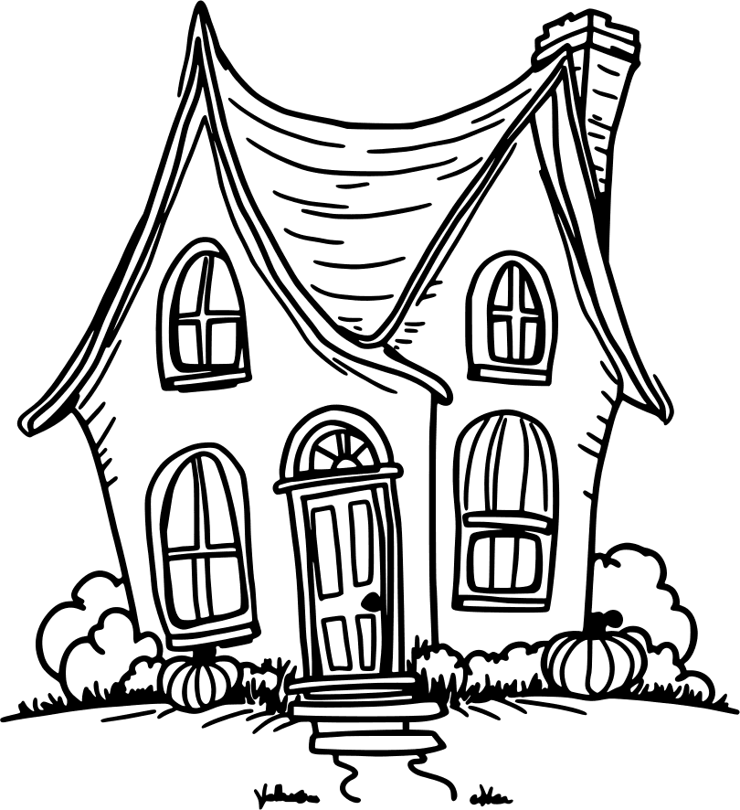 Halloween cottage with a crooked roof and pumpkins by the door — free printable halloween coloring page