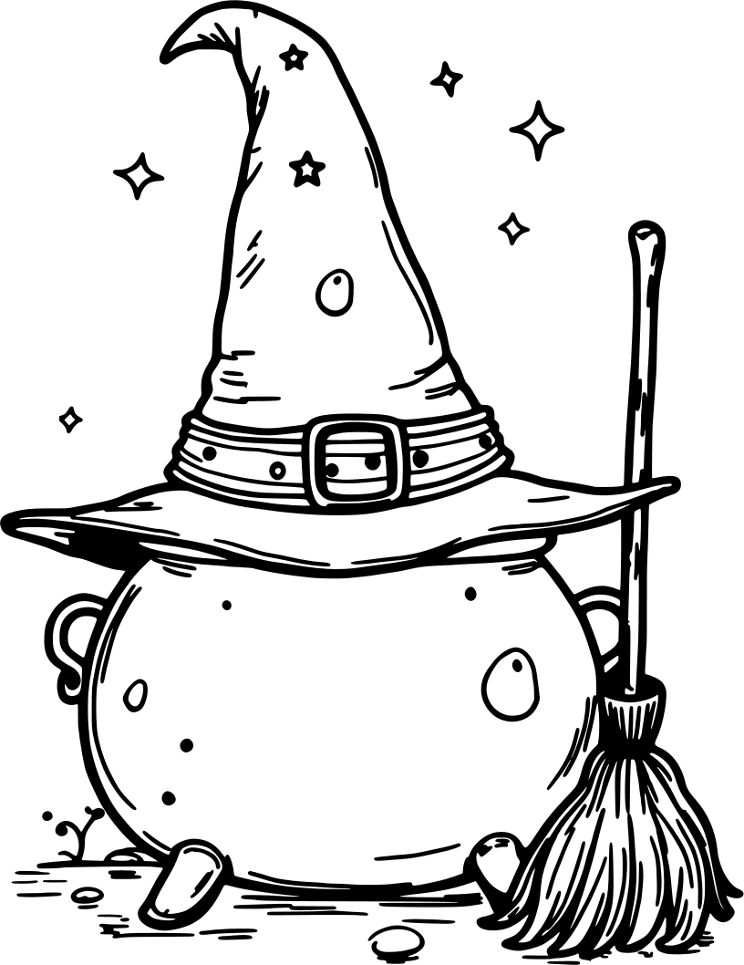 Witch's hat resting on a cauldron, with a broomstick — free printable halloween coloring page