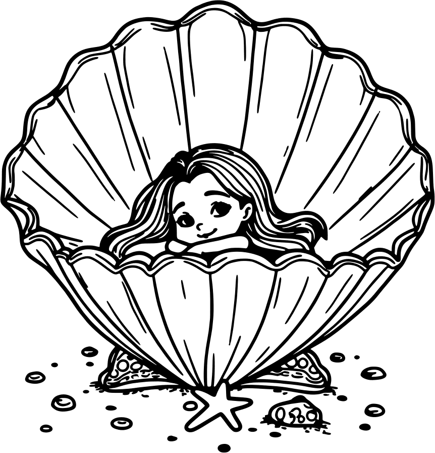 Mermaid resting in a giant scallop shell — free printable mermaid coloring page