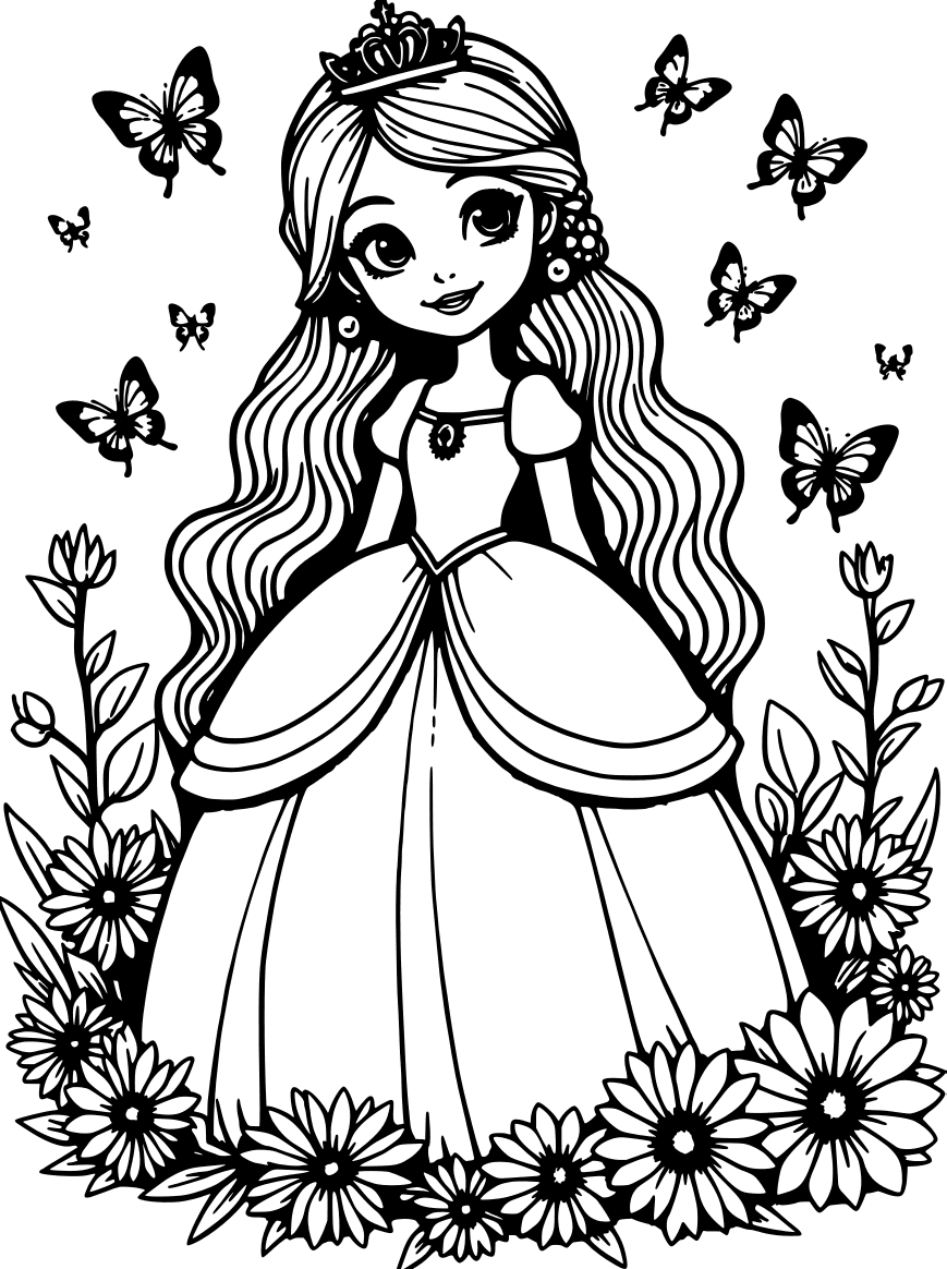 Princess in a ring of daisies, with butterflies — free printable princess coloring page