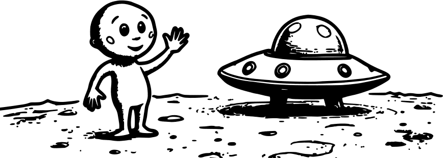 Friendly alien waving beside a flying saucer — free printable space coloring page