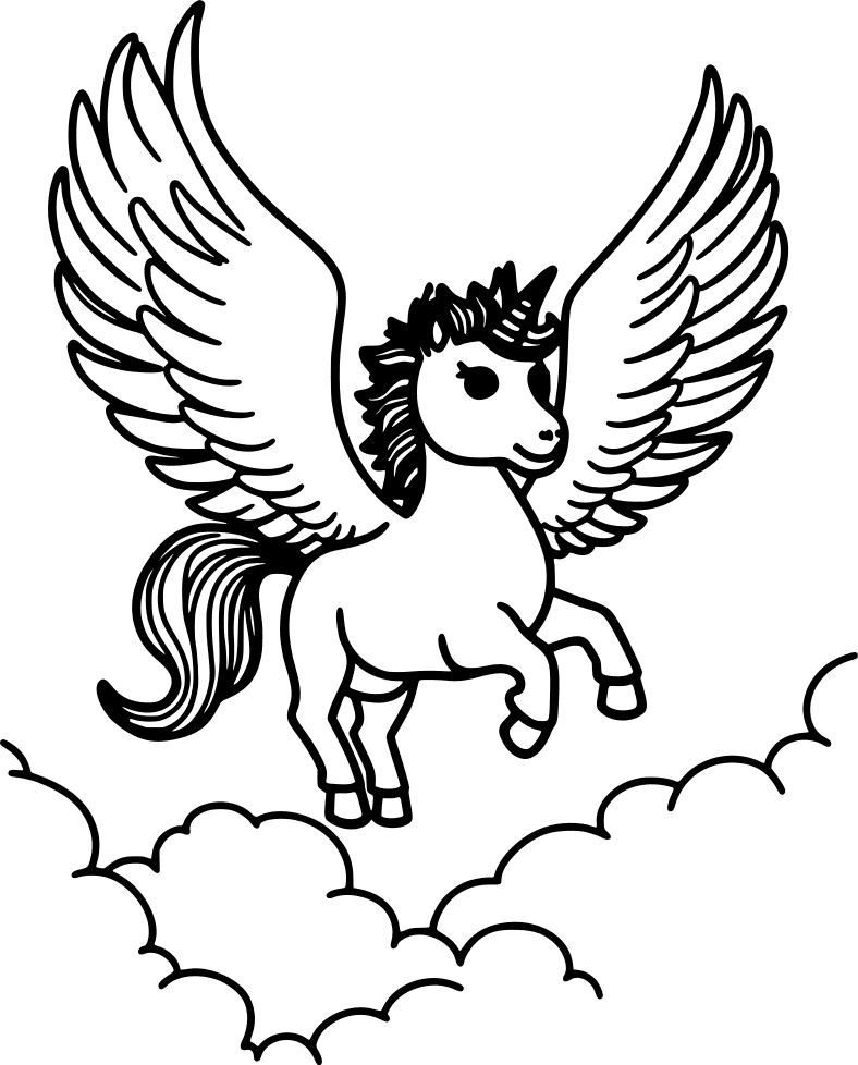 Unicorn with wings, flying above the clouds — free printable unicorn coloring page