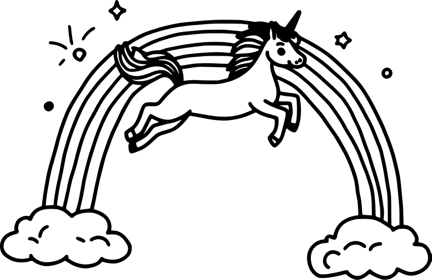 Unicorn leaping over a rainbow — free printable unicorn coloring page
